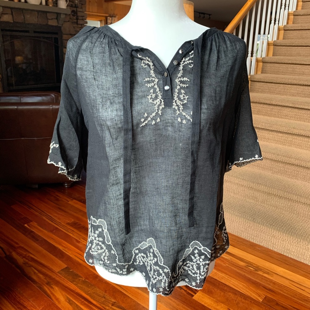 JOIE Black Linen Embroidered Short Sleeve Top